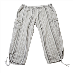 Cafe Marakesh Cropped Striped Linen Blend Cargo Pants Muted Gray and Beige Large